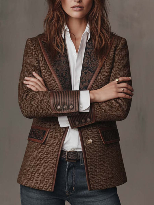Blazer Donna in Tweed Spigato Marrone con Pannelli a Contrasto
