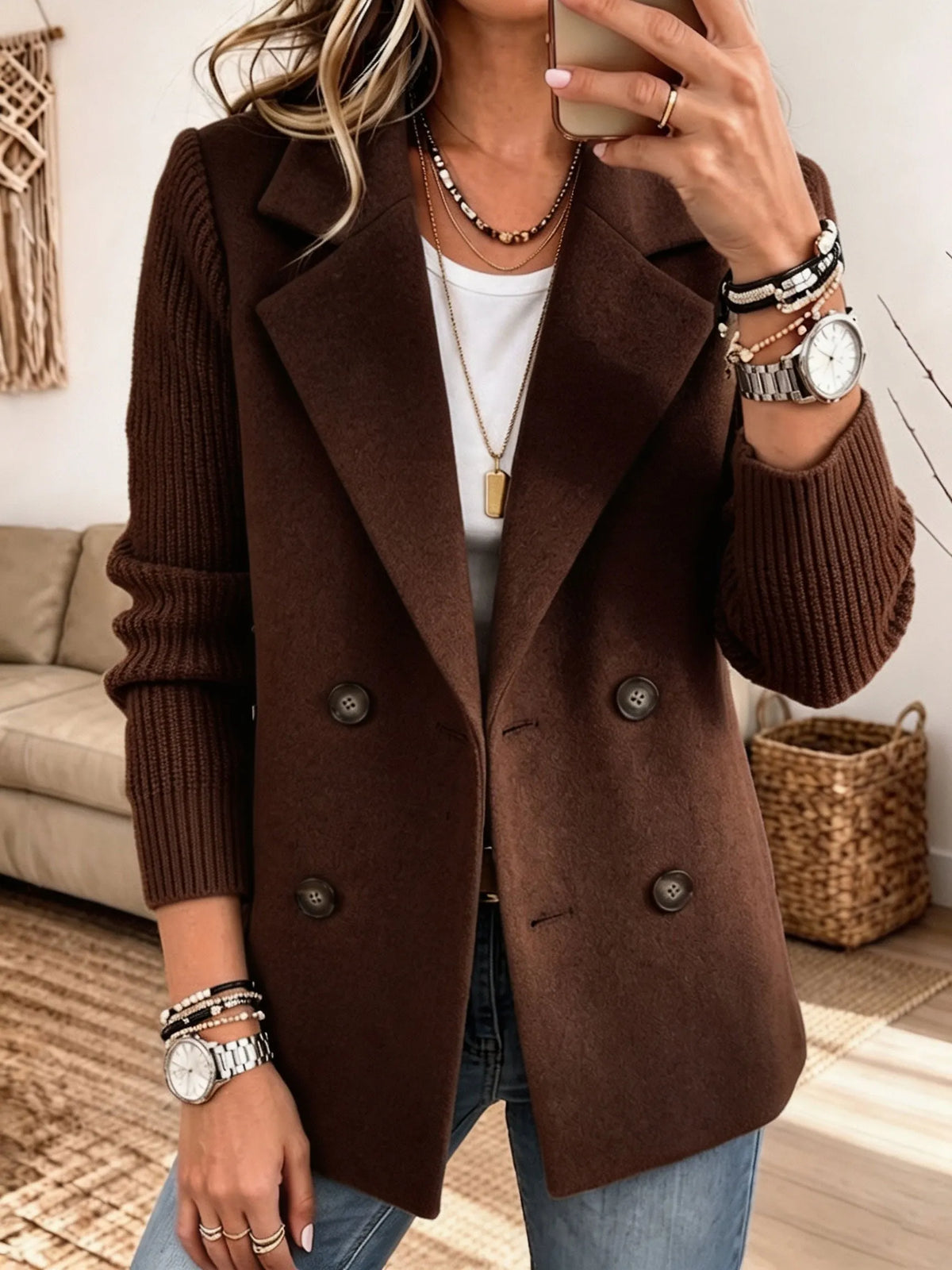 Blazer Donna Elegante in Maglia Bicolore con Maniche Lunghe