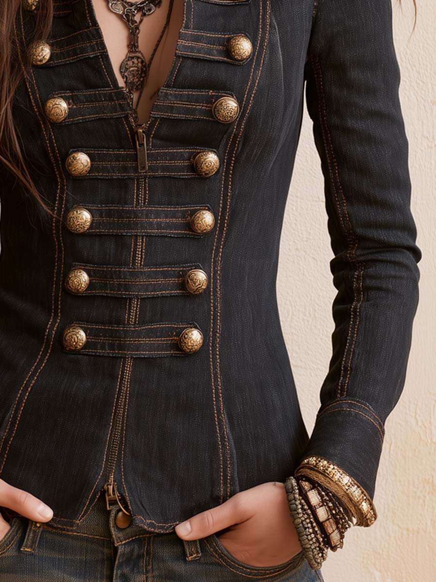 Blusa Donna in Denim con Dettagli Militari e Cuciture a Contrasto