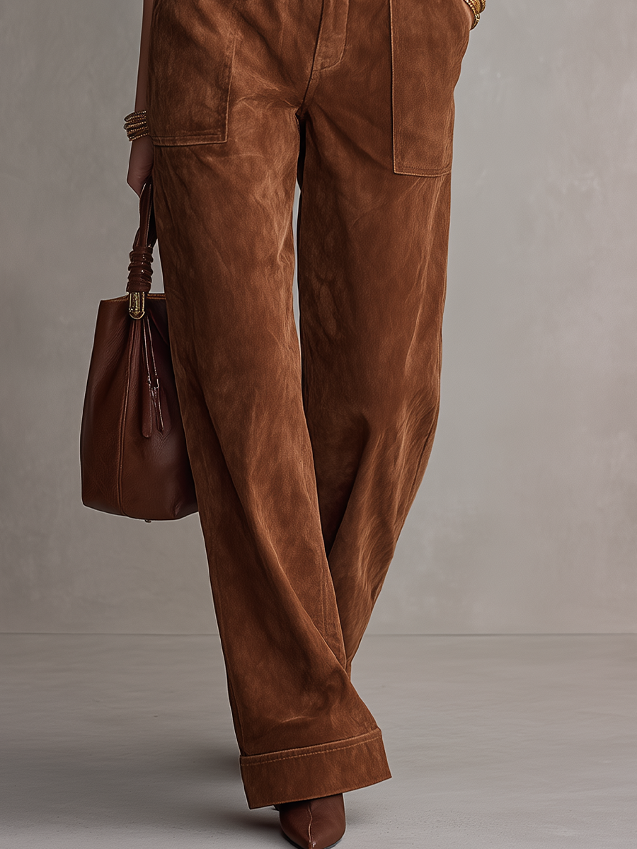 Jumpsuit Donna in Ecopelle Scamosciata Color Cognac con Cintura