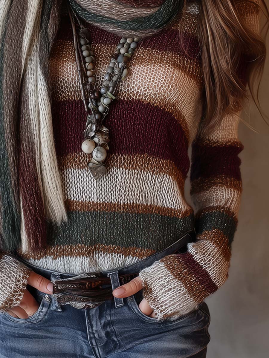 Maglione Donna a Righe con Sciarpa Abbinata