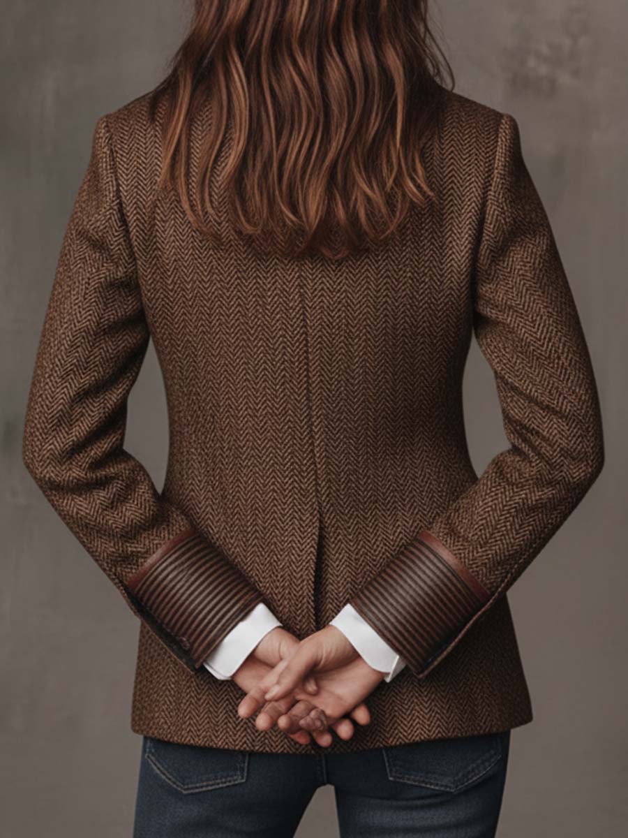 Blazer Donna in Tweed Spigato Marrone con Pannelli a Contrasto