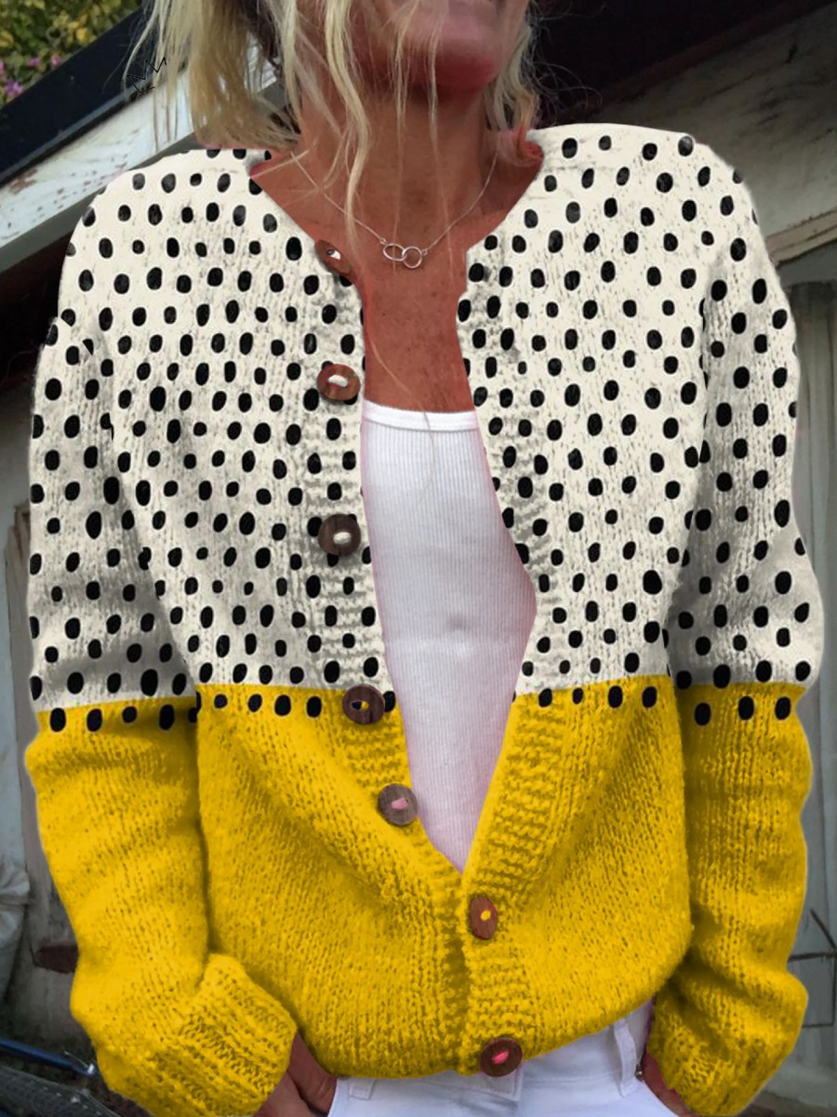 Cardigan Donna in Maglia Crema e Giallo Senape con Pois