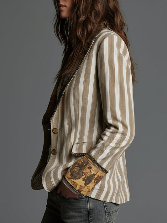 Blazer Donna Boho con Revers Decorati e Righe a Contrasto