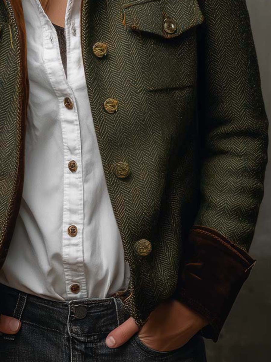 Blazer Donna Vintage in Tweed Spigato Verde Oliva con Dettagli a Contrasto
