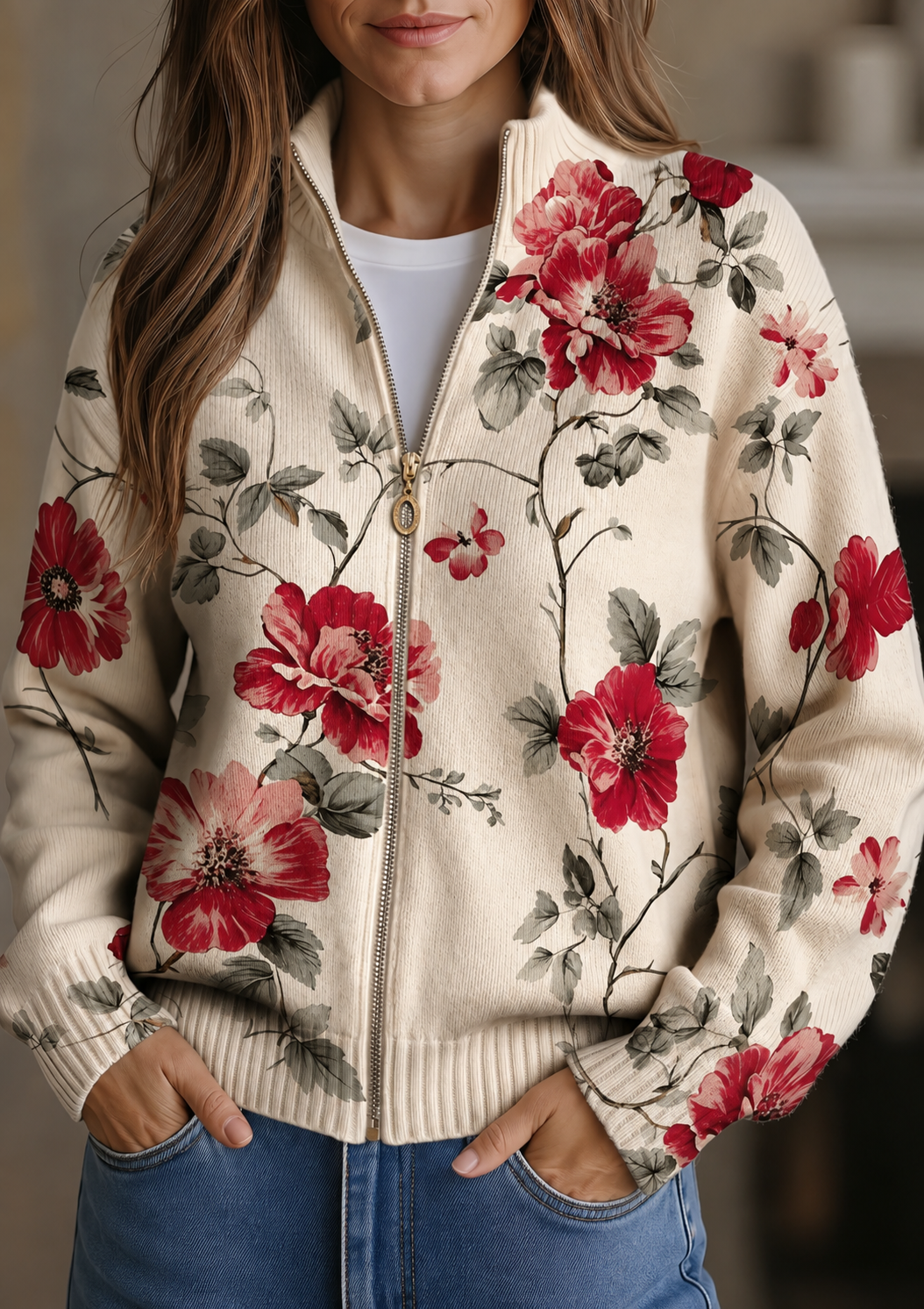 Cardigan Donna in Maglia Crema con Stampa Floreale e Zip