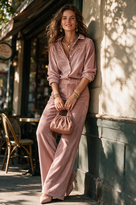 Completo da donna Boho in velluto a coste con camicia in pizzo e pantaloni a gamba larga