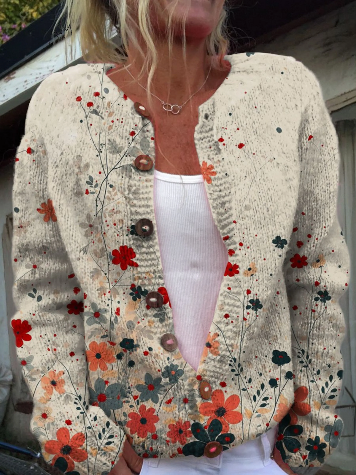 Cardigan Donna in Maglia Crema con Stampa Floreale