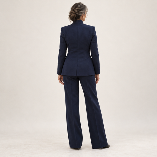 Completo Donna Sartoriale con Blazer e Pantaloni a Gamba Larga Blu Navy