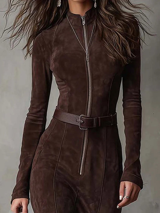 Abito Lungo Marrone con Cintura in Vita e Spacco