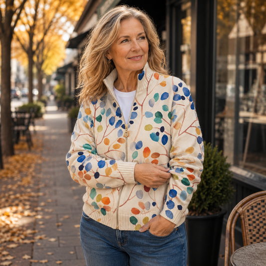 Cardigan Donna in Maglia Crema con Stampa Floreale Botanica