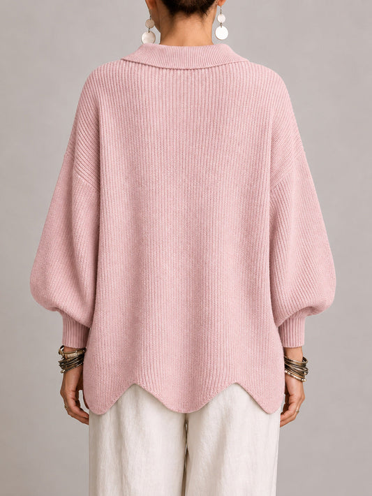 Cardigan rosa Donna Oversize a Coste con Bottoni Dorati e Orlo Smerlato