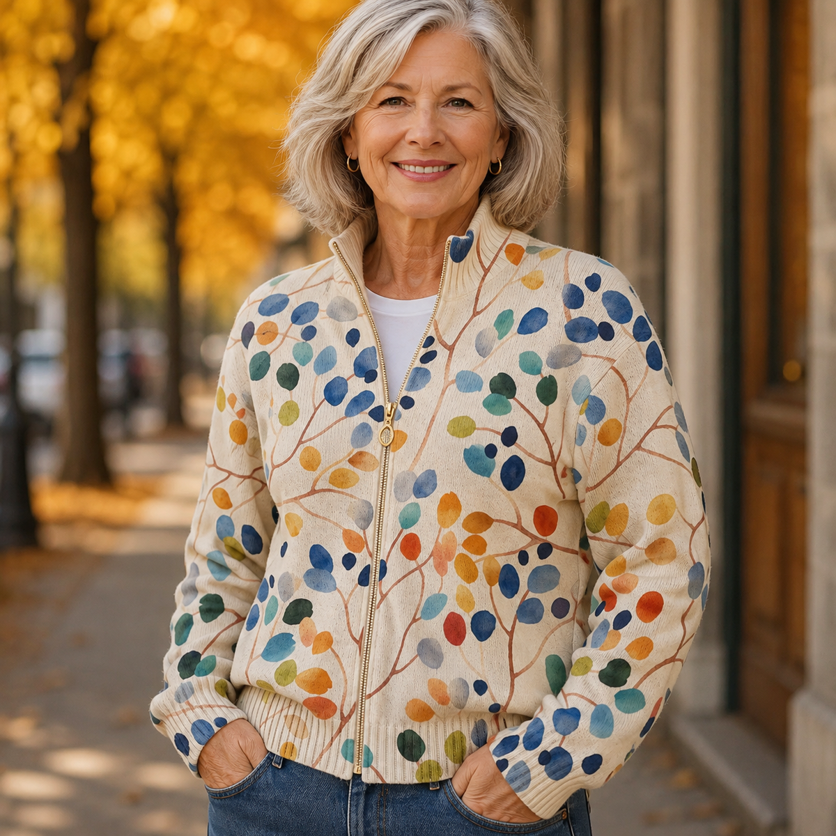 Cardigan Donna in Maglia Crema con Stampa Floreale Botanica