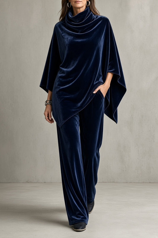 Completo Donna in Velluto Drappeggiato con Top a Collo Cowl e Pantaloni Palazzo