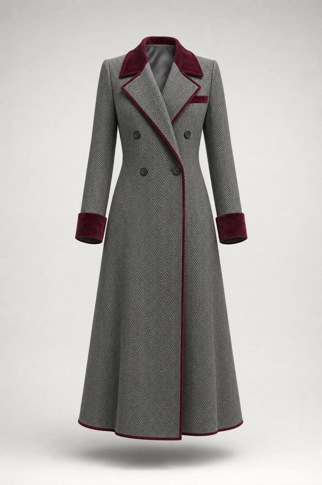 Cappotto Donna Lungo in Lana Spigata con Dettagli in Velluto