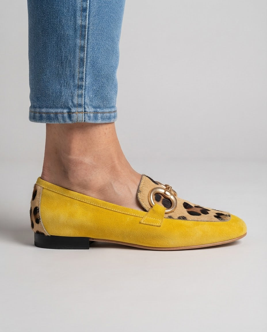 Mocassini Donna Gialli con Stampa Leopardata e Morsetto Dorato