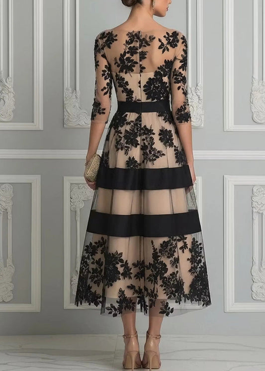 Abito Midi Donna in Tulle con Pizzo Floreale Nero e Vita Definita