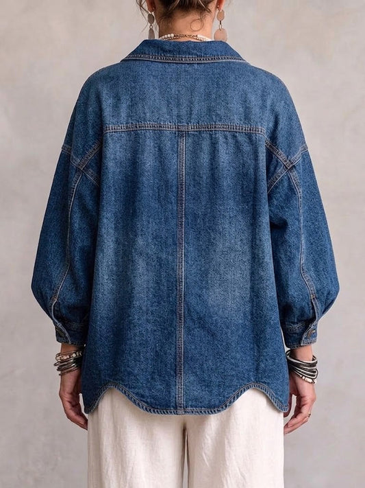 Giacca Donna in Denim Oversize con Colletto e Bottoni Metallici