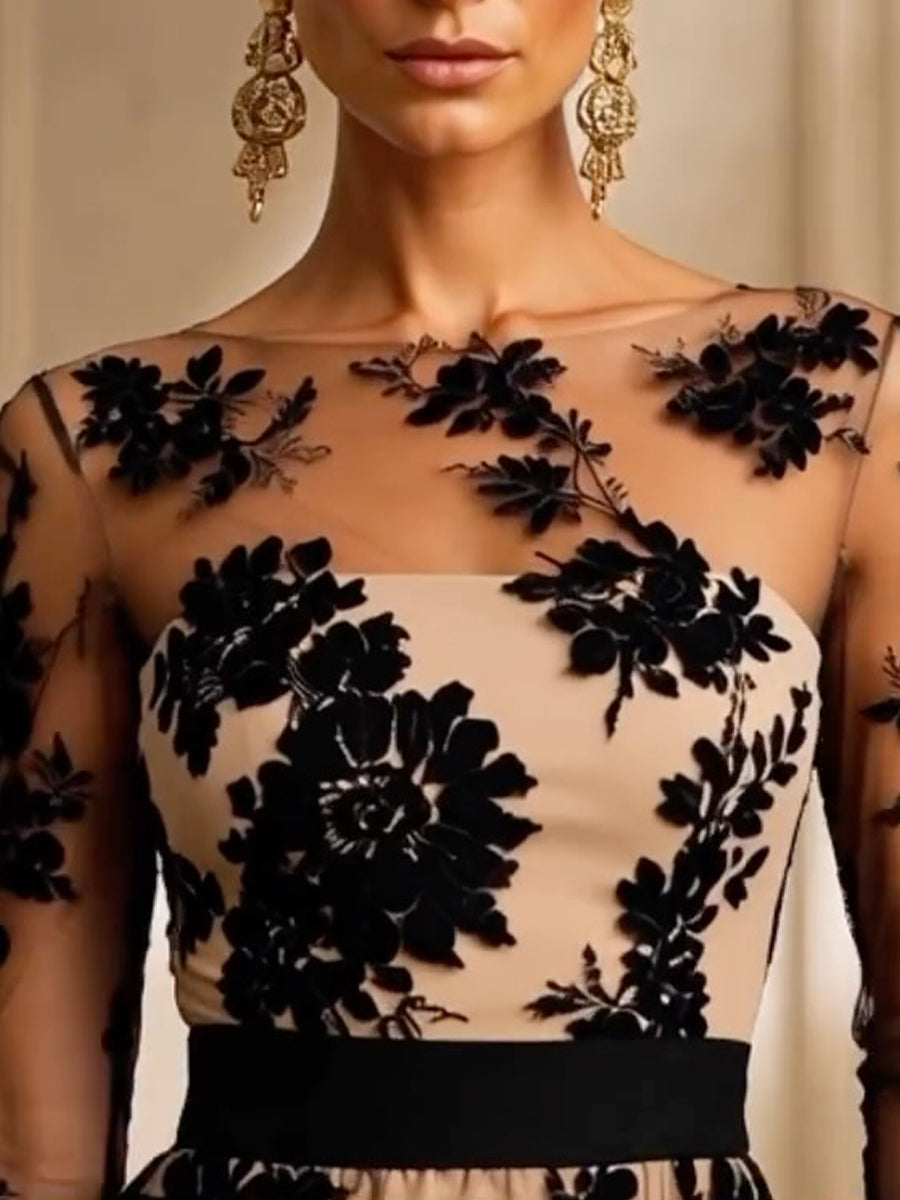 Abito Midi Donna in Tulle con Pizzo Floreale Nero e Vita Definita