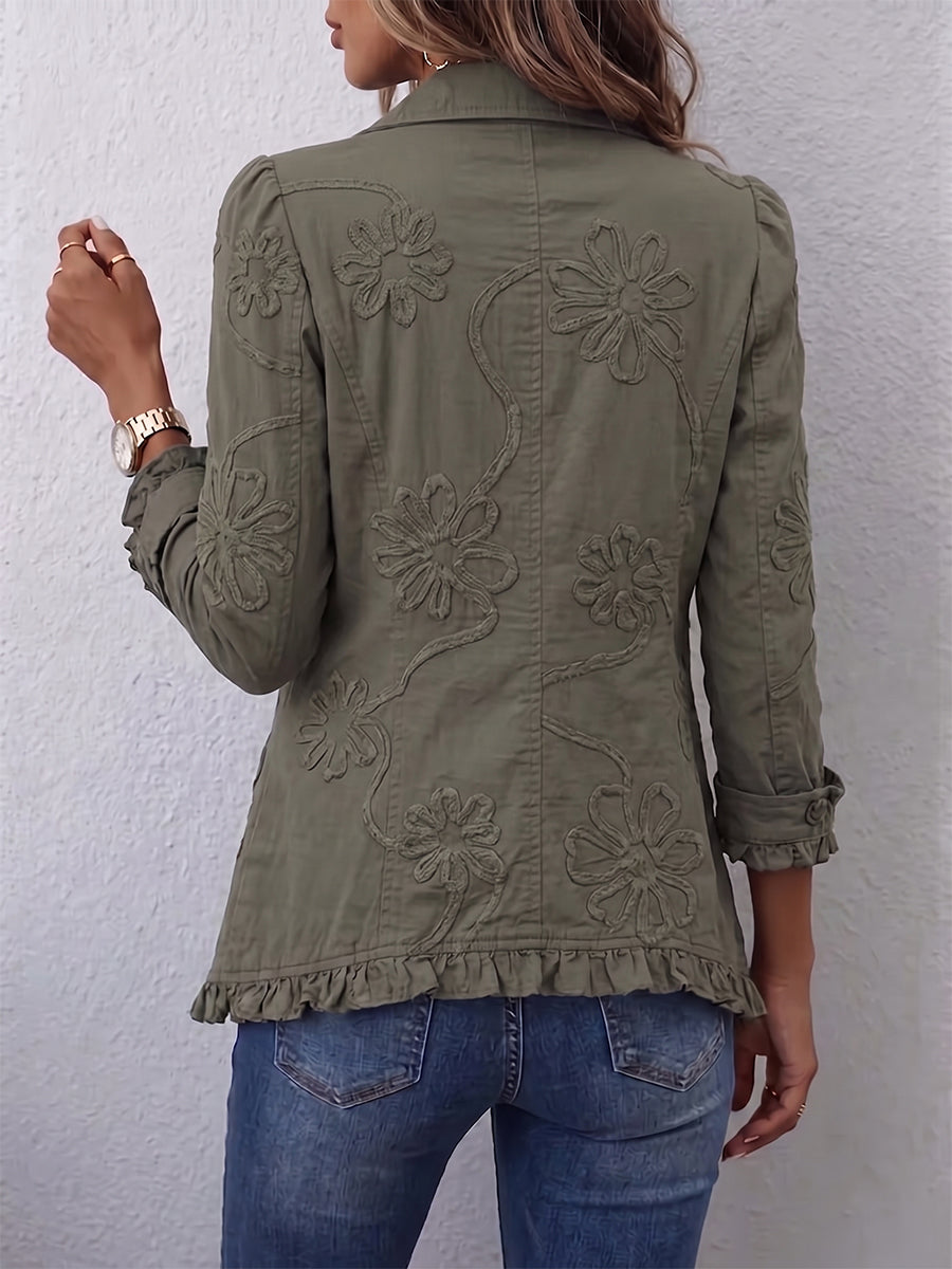 Giacca Donna Boho Chic con Ricami Floreali e Dettagli con Volant