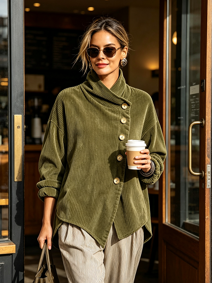 Cardigan Donna in Velluto a Coste con Collo Alto e Bottoni Asimmetrici