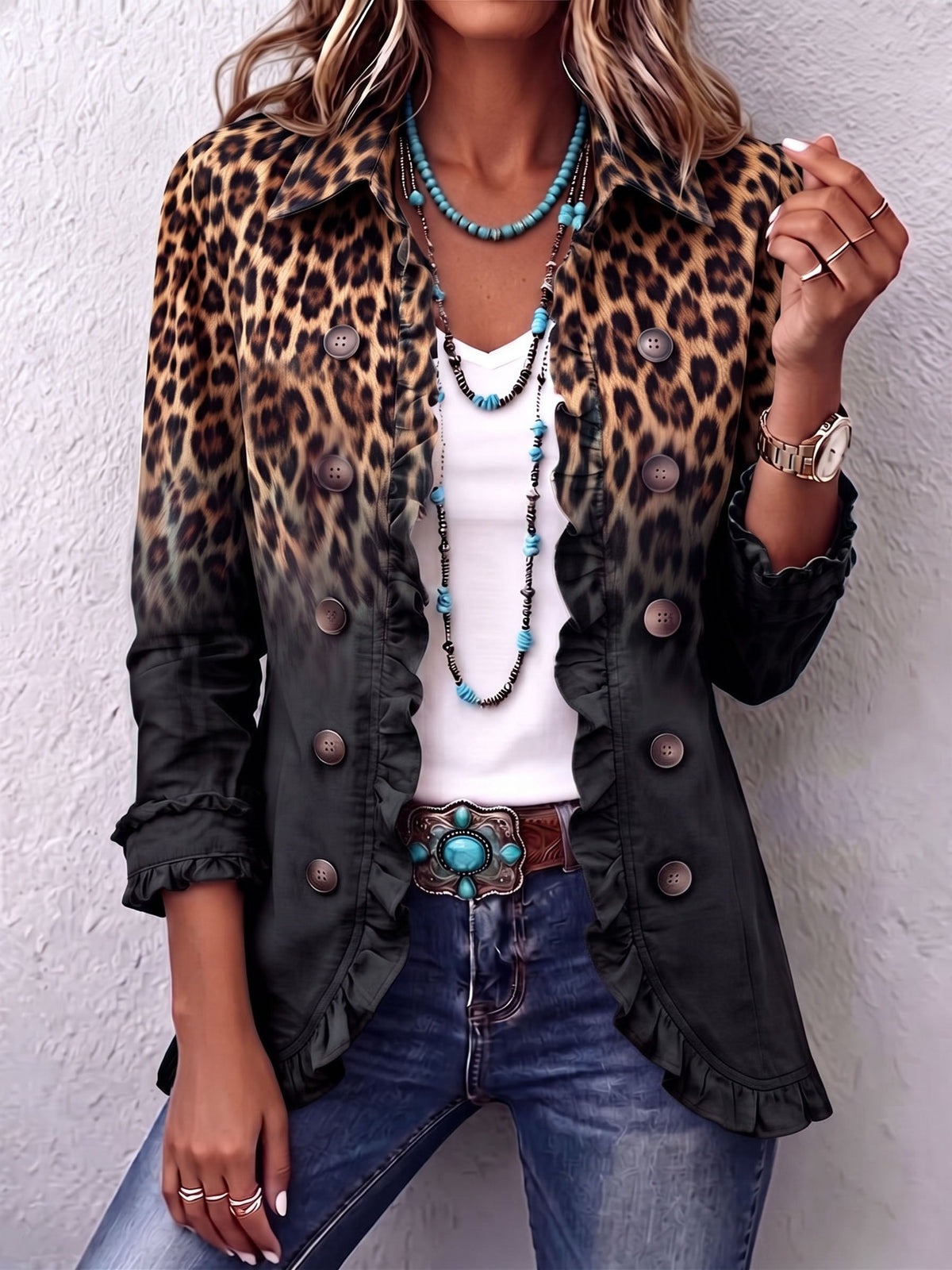 Giacca Donna Boho Western con Stampa Leopardata e Volant