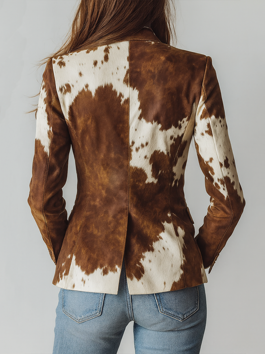 Blazer Donna Vintage in Ecopelle con Stampa Mucca