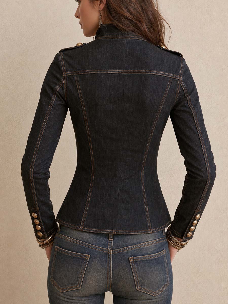 Blusa Donna in Denim con Dettagli Militari e Cuciture a Contrasto