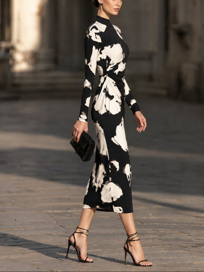 Abito Midi Donna a Maniche Lunghe con Stampa Floreale Astratta e Collo Alto