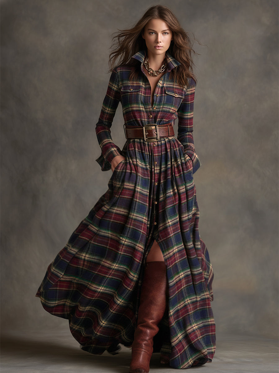 Abito Maxi Donna a Quadri Rosso Marrone con Colletto e Cintura