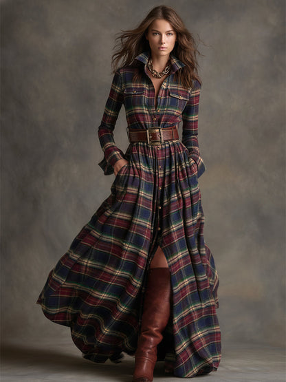 Abito Maxi Donna a Quadri Rosso Marrone con Colletto e Cintura