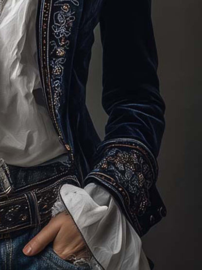 Giacca Donna Lunga Blu Navy con Ricami Decorativi