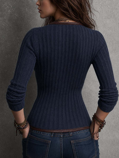 Giacca Donna in Maglia con Inserti in Ecopelle e Zip Asimmetrica