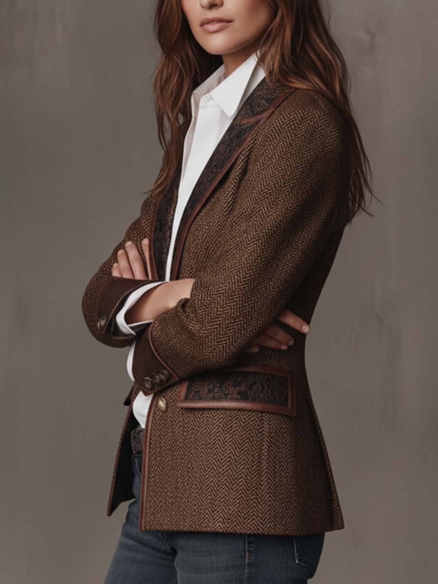 Blazer Donna in Tweed Spigato Marrone con Pannelli a Contrasto