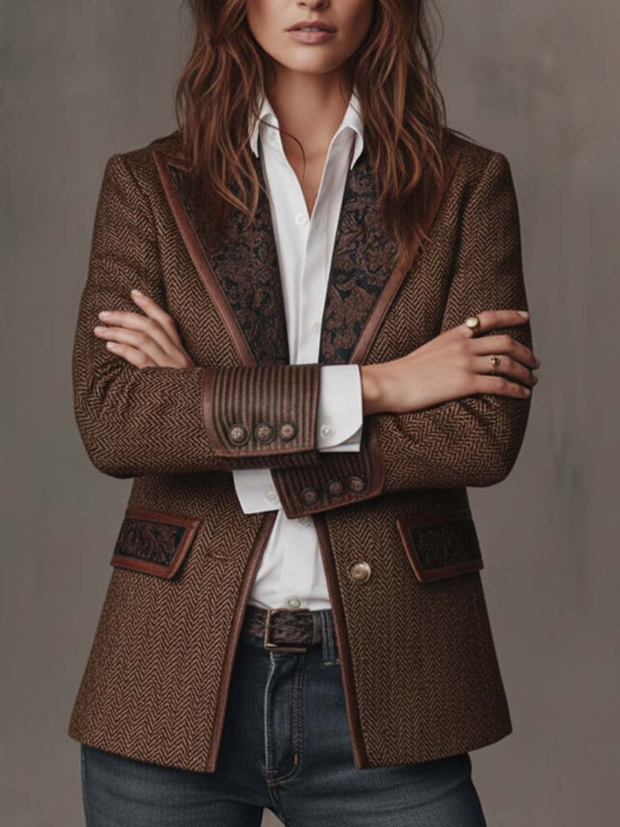Blazer Donna in Tweed Spigato Marrone con Pannelli a Contrasto