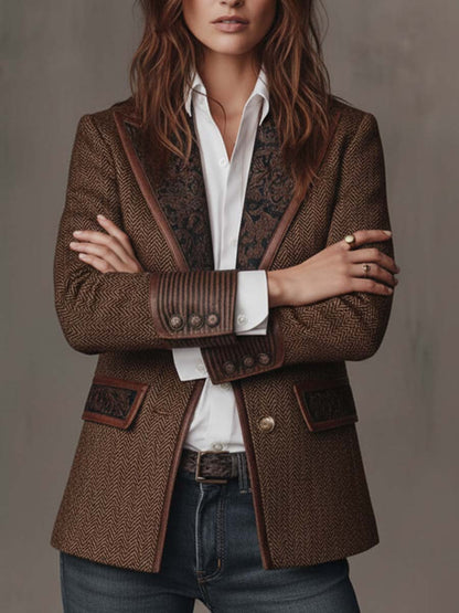 Blazer Donna in Tweed Spigato Marrone con Pannelli a Contrasto