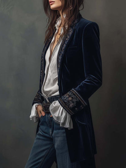 Giacca Donna Lunga Blu Navy con Ricami Decorativi