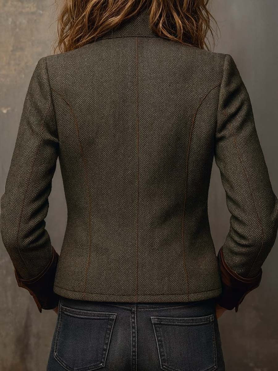 Blazer Donna Vintage in Tweed Spigato Verde Oliva con Dettagli a Contrasto