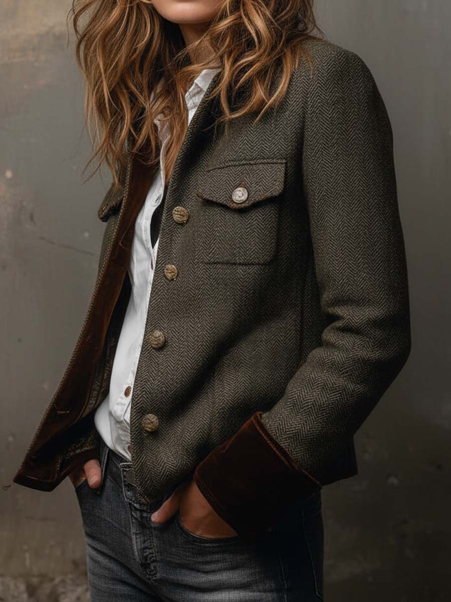 Blazer Donna Vintage in Tweed Spigato Verde Oliva con Dettagli a Contrasto