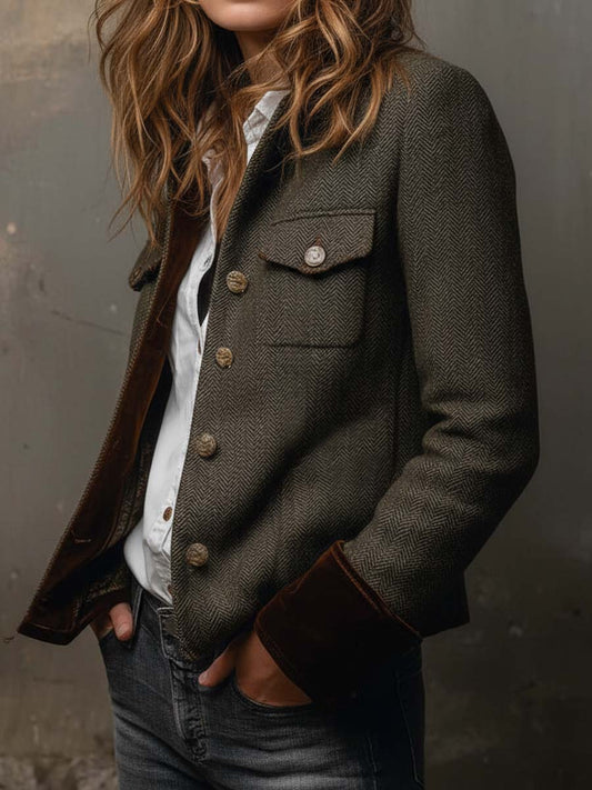 Blazer Donna Vintage in Tweed Spigato Verde Oliva con Dettagli a Contrasto