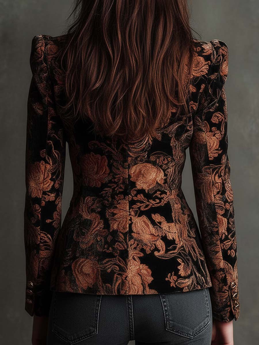 Blazer Donna Sartoriale Nero con Stampa Floreale Bronzo