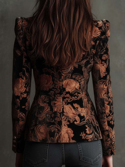 Blazer Donna Sartoriale Nero con Stampa Floreale Bronzo