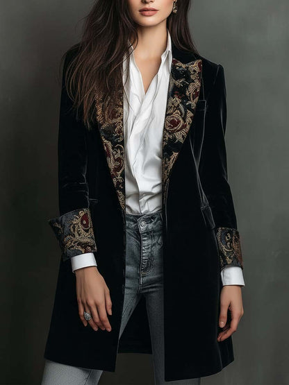 Blazer Donna Nero Slim Fit con Revers e Stampa Barocca
