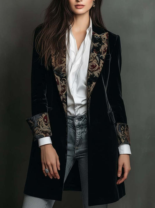 Blazer Donna Nero Slim Fit con Revers e Stampa Barocca