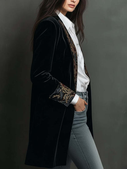 Blazer Donna Nero Slim Fit con Revers e Stampa Barocca