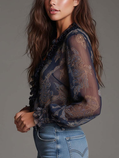 Camicetta da Donna in Chiffon Blu con Stampa Paisley Barocca e Volant