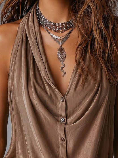 Top Donna Boho in Tencel con Scollo a Cascata e Bottoni Frontali