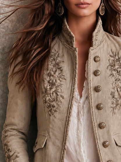 Giacca Donna Beige Vintage con Collo Alto, Ricami Floreali e Bordo Intrecciato
