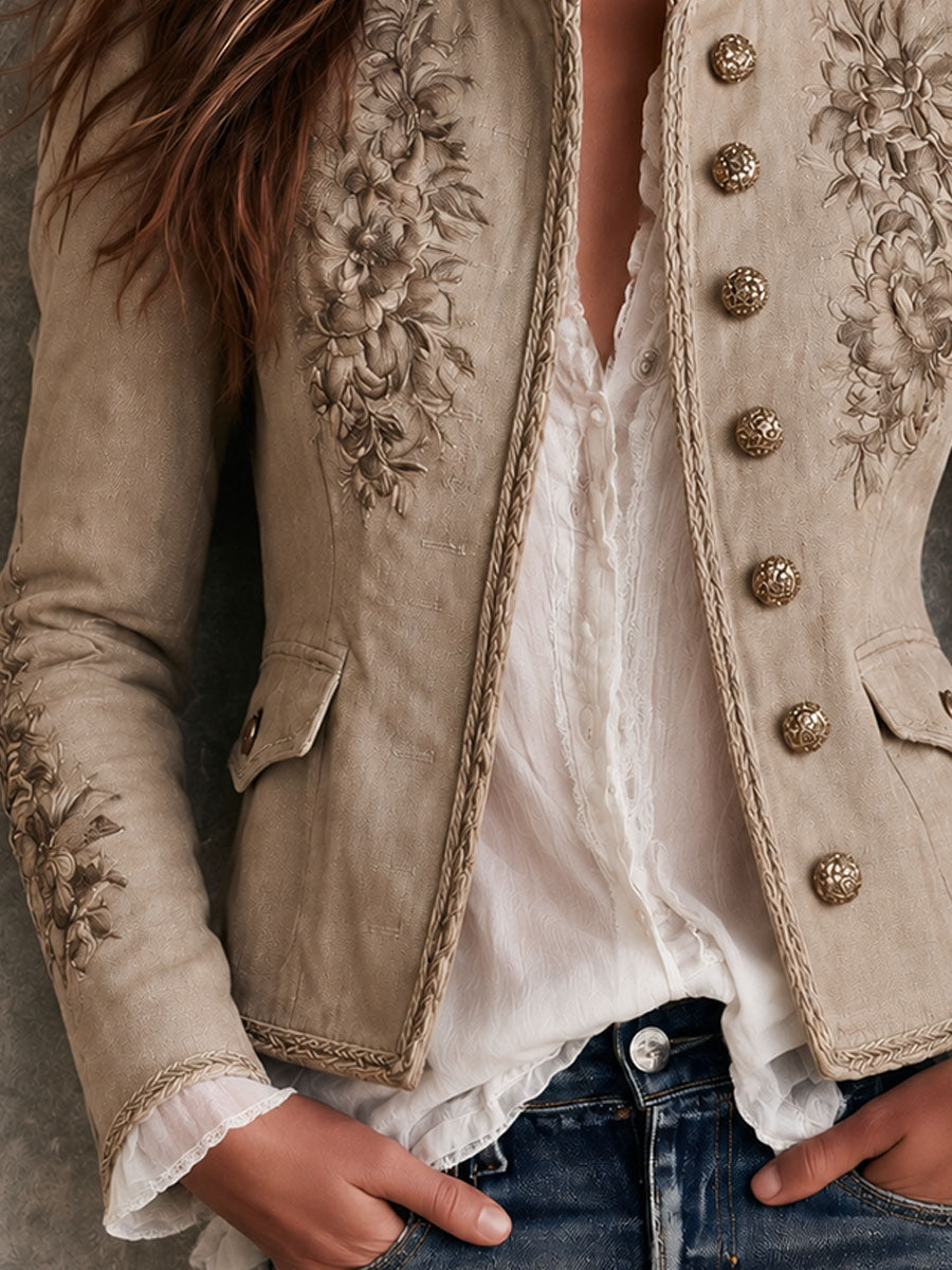 Giacca Donna Beige Vintage con Collo Alto, Ricami Floreali e Bordo Intrecciato