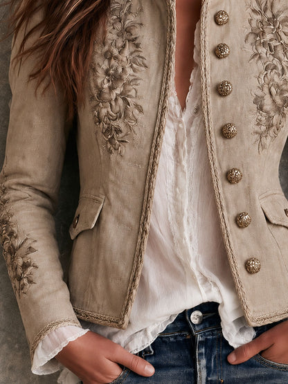 Giacca Donna Beige Vintage con Collo Alto, Ricami Floreali e Bordo Intrecciato